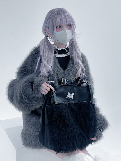 [gibous × dependoll] studs fur bag black